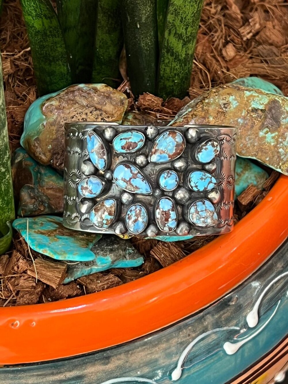 Handcrafted Stamped Sterling Silver and Golden Hills Turquoise Cuff Bracelet by